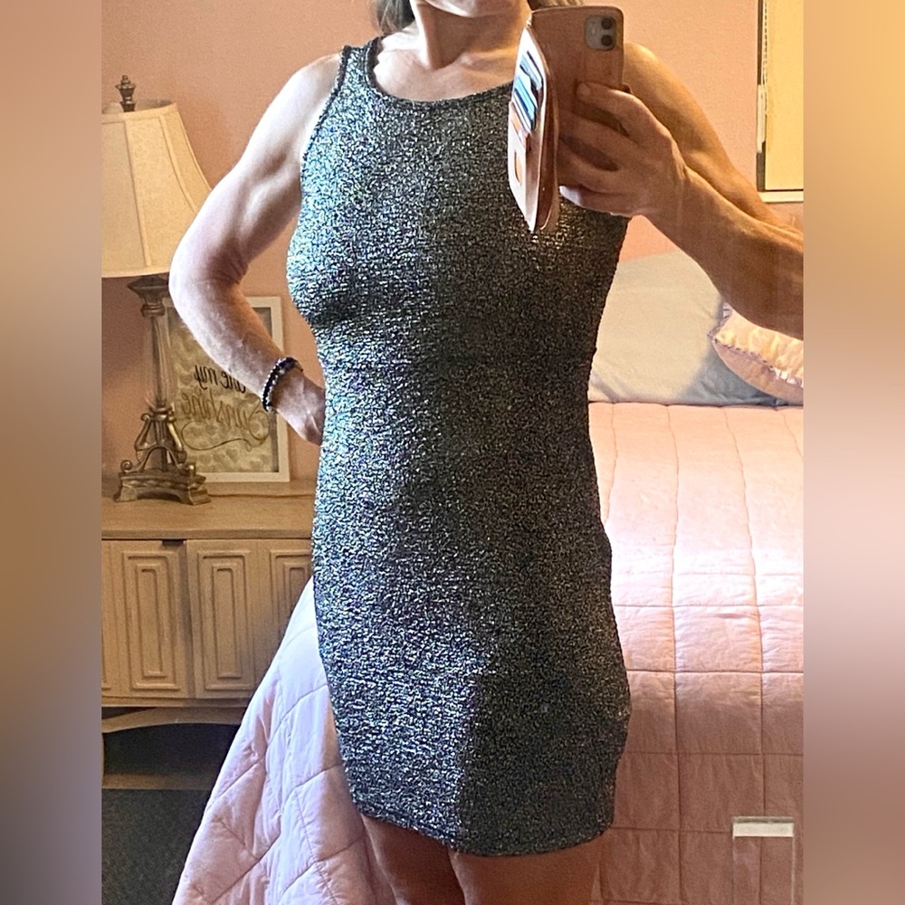 By Aqua: Sparkle Sleeveless Metallic Mini Dress in Black and Silver